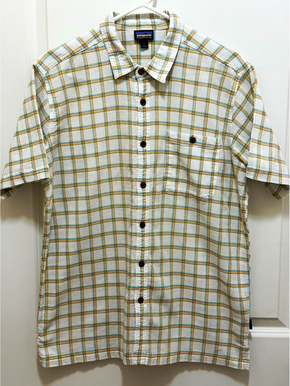 Patagonia A/C Shirt Men’s Large Organic Cotton Plaid Seersucker Short Sleeve